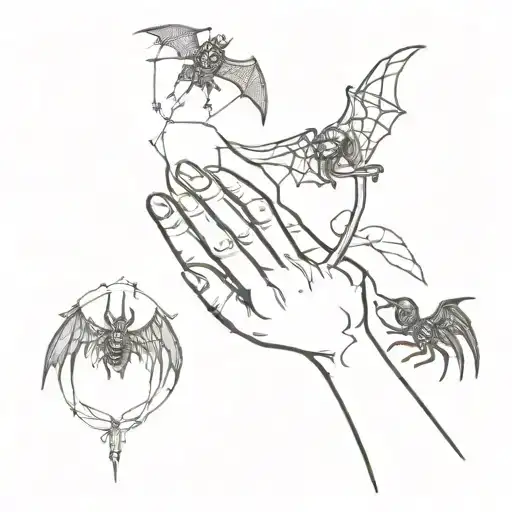 Skeletal Hands Holding Bat And Spider And Crow Sitting