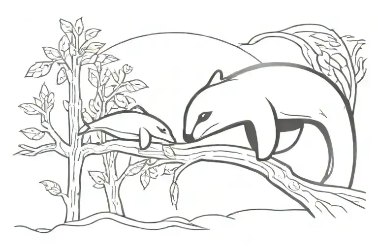 In A River There Is An Orca Who Looking At A Koala Bear On A Tree