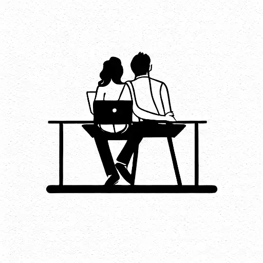 Couple Falling Love Sitting Desk