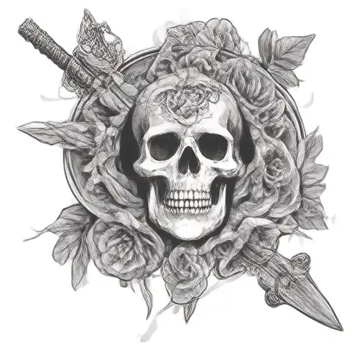 Celtic Knot With Sword Piercing With Skulls And Roses