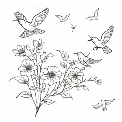 Wildflower Bouquet With Birds Flying Away