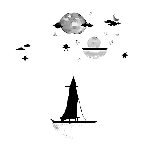 A Ship Under A Full Moon With A Stars