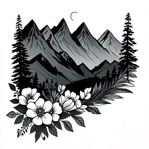 Mountains With Floral Design Incorporating Elements