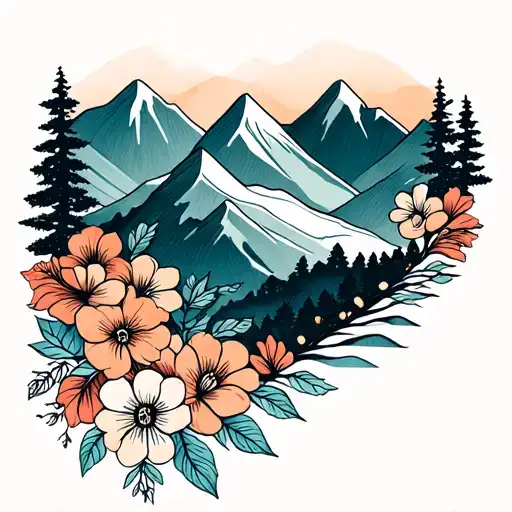 Mountains With Floral Design Incorporating Elements