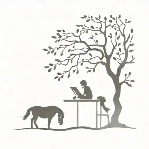 A Silhouette Of A Teacher Reading A Book Under A Tree With A Horse Grazing Nearby