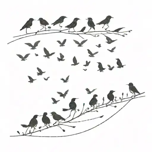 13 Small Blackbirds In A Line On A Forearm Flying Away On The Horizon