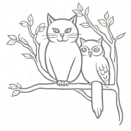Cat And Owl On Tree Branch