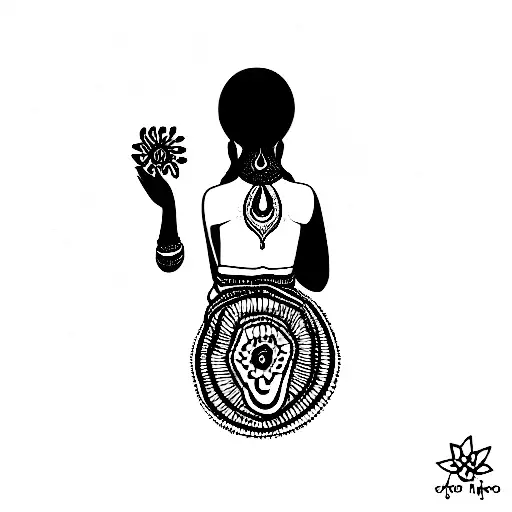 Back Of Bengali Girl In Cultural Clothing Holding Flower To Moon