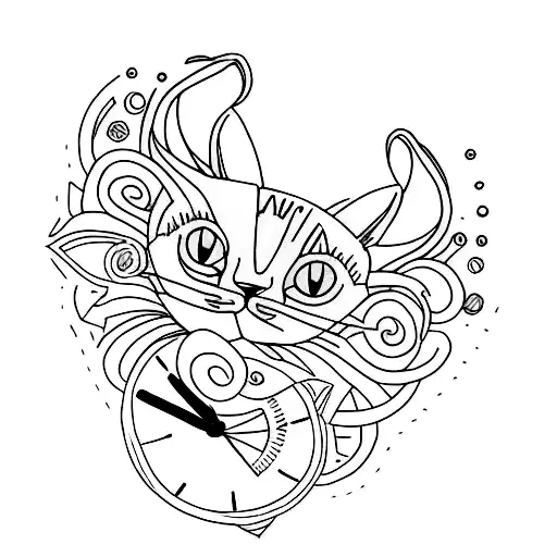 Design A Minimalist Tattoo Featuring A Cat Silhouette With A Watch Dial As Its Body