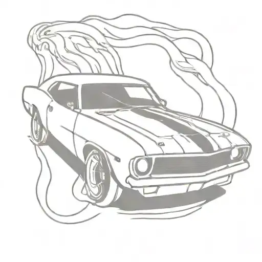 A Minimalist Outline Of A Classic Muscle Car With Flames Coming Out Of The Exhaust Pipes