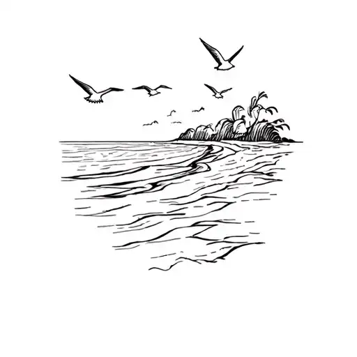 A Minimalist Tattoo Of A Beach Scene With Waves Crashing And Seagulls Flying Overhead