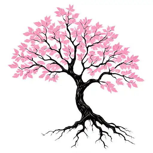 Tree With Pink Leaves And 73 Slyly On The Roots