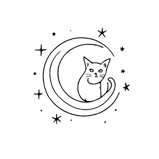 Cat Look Moon Surrounded By Stars