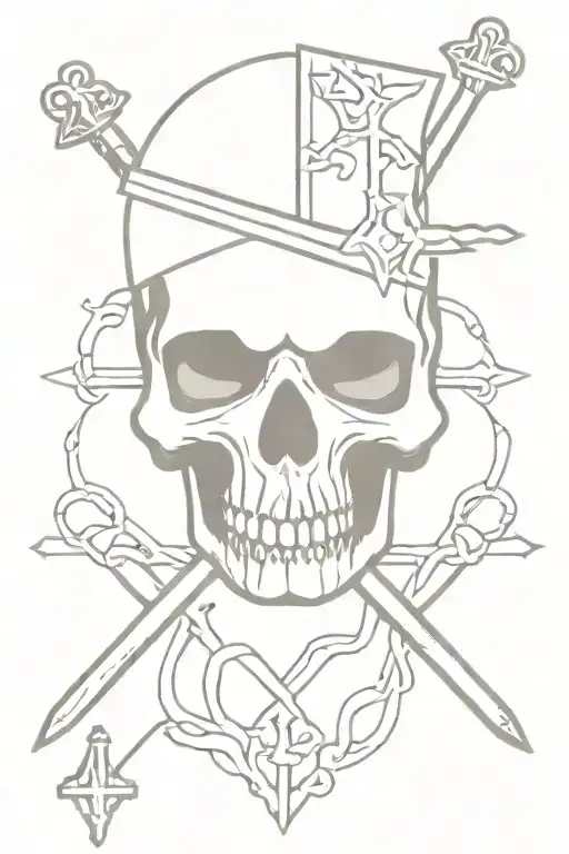 Crusader Skull With Deus Vult Above And Memento Mori Below