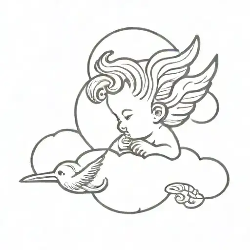 Black Fine Line Tattoo Of A Baby Cherub On A Cloud With A Hummingbird Flying Above Her Head