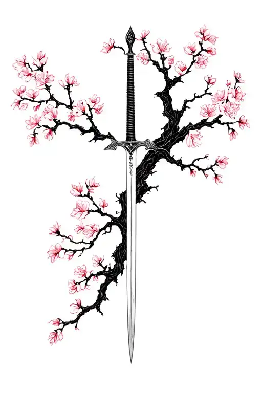 Sword And Charry Blossom Tree