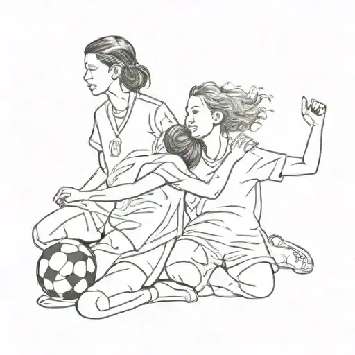 Fine Line Drawing Of Soccer Women Celbrating And Hugging