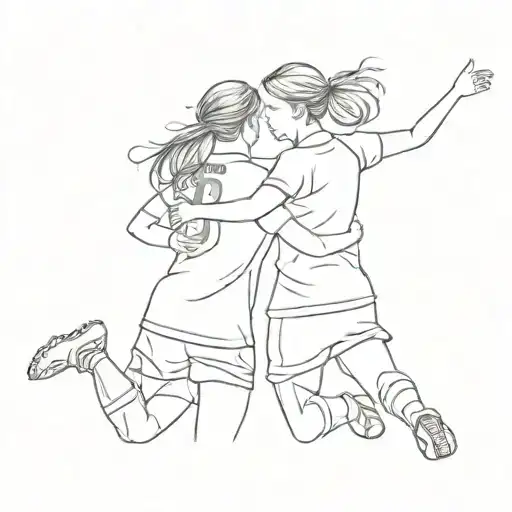 Fine Line Drawing Of Soccer Women Celbrating And Hugging - One Line Only