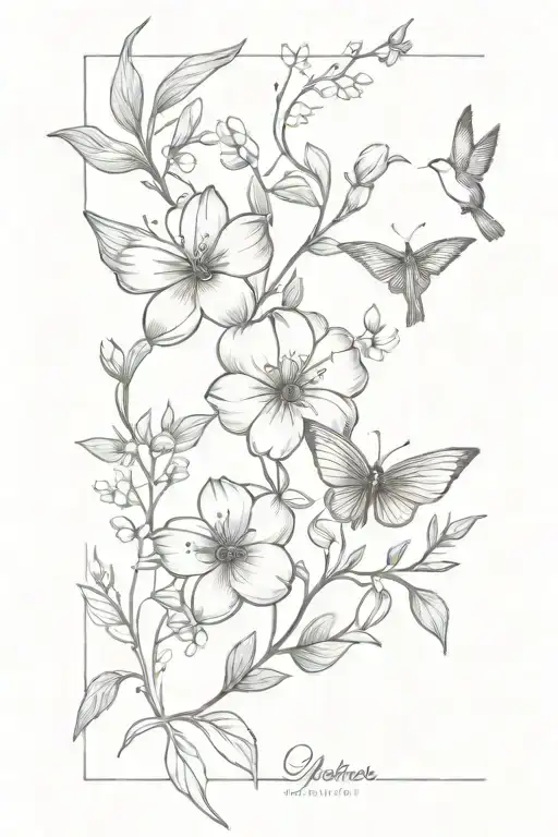 October And May Birth Flower With Robbin Birds And Butterflies Tattoo Forearm