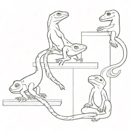 Two Geckos And A Calico Cat Sitting Around Bar Table