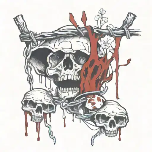 Broken Barbed Wire With Blood Dripping And Finally Morhing Into Canabis Flower And Mushrooms