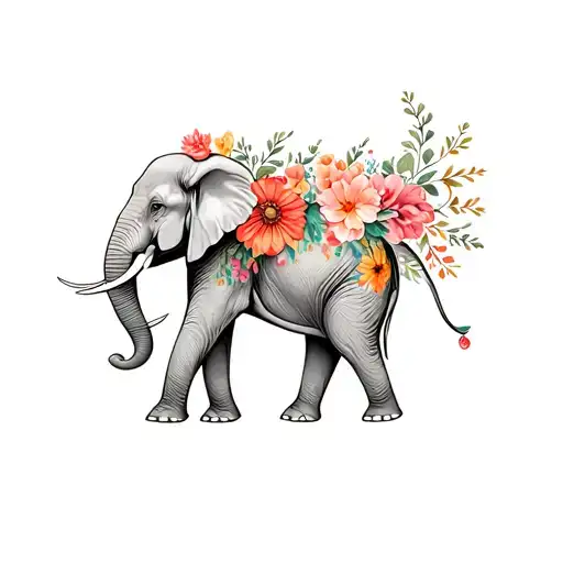 Elephant Tromed Up Surrounded By Riding Flowers