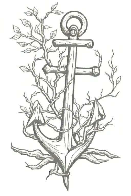 Wooden Anchor Resting On Rocks With Roots And Branches