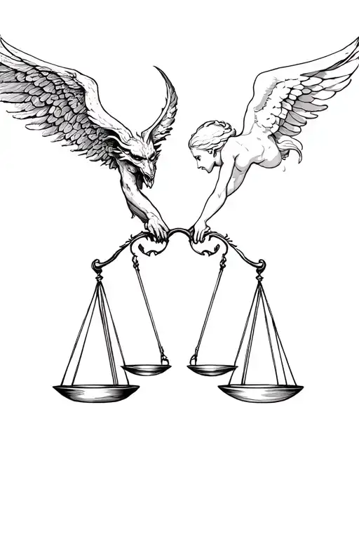 Half Of A Demon And Another Half Of An Angel On Either Side Holding The Scales Of Justice