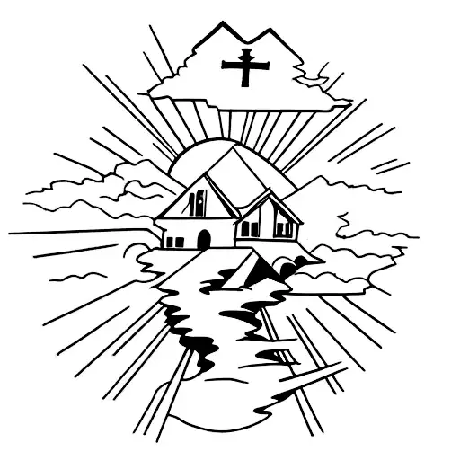 Mountain With Crucifix On Top Upsidedown House On Bottom