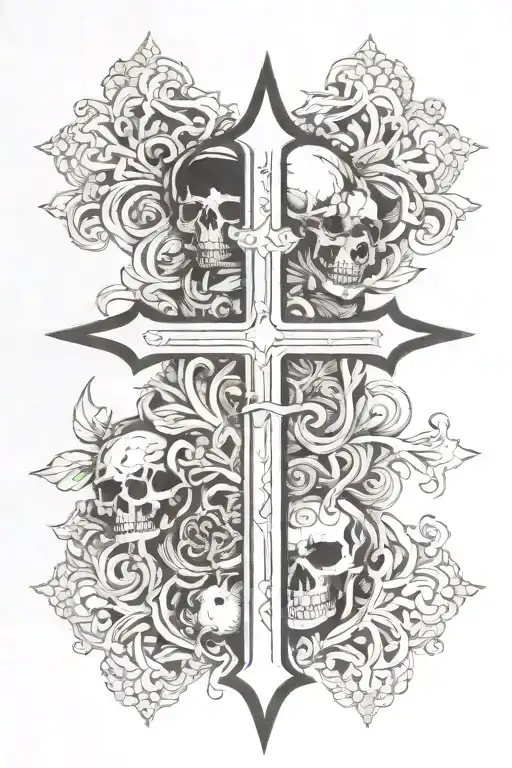 Christian Cross With Etching Inside Of It And Small Skull In The Center