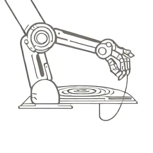 A Minimalist Tattoo Of A Robotic Arm Holding A Vinyl Record With A Tech Background