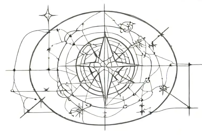 Fine Line Tattoo Of Compass Next To An Abstract Universe
