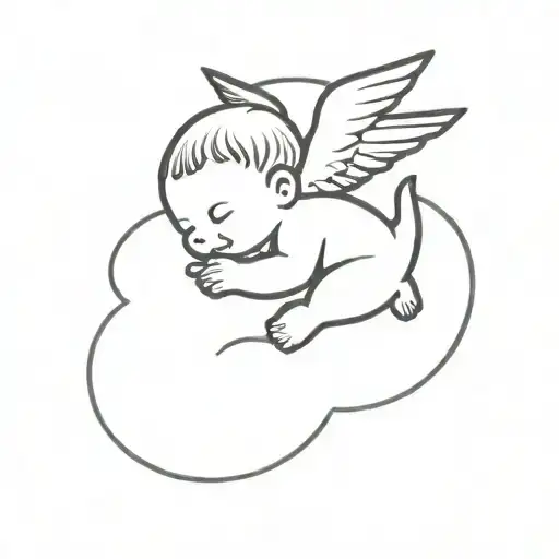 Black Fine Line Tattoo Of A Baby Cherub On A Cloud With A Hummingbird On Its Head