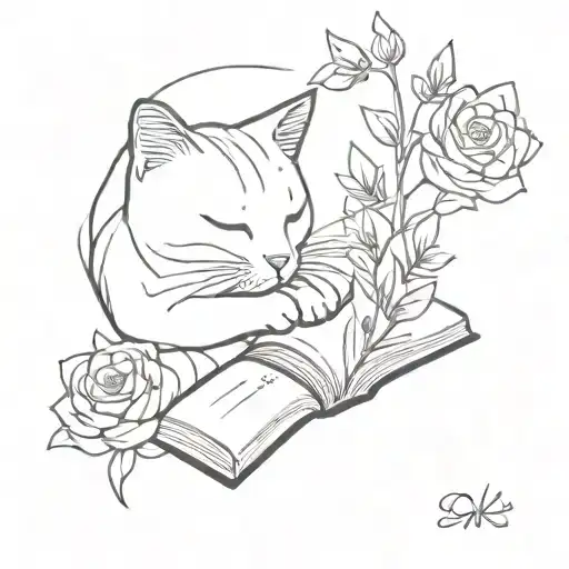 Cat And Books Surrounded By Florals Wrapping Words