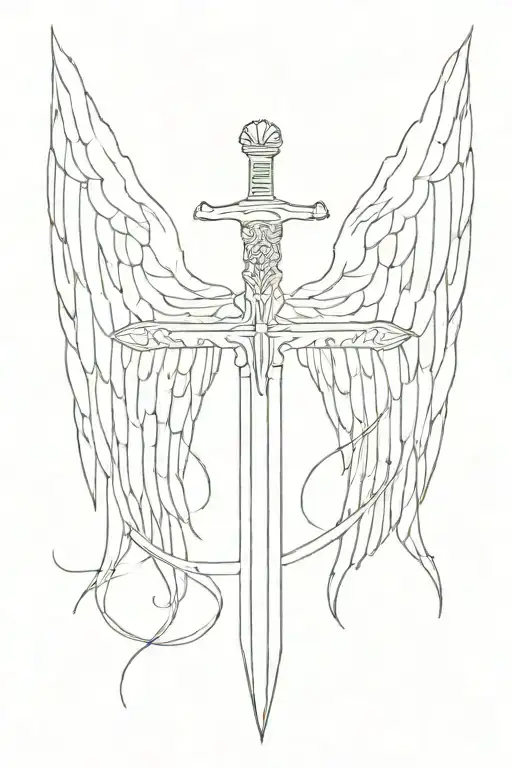 Sword And Wings Symetrical With Phrase Traced On Wings