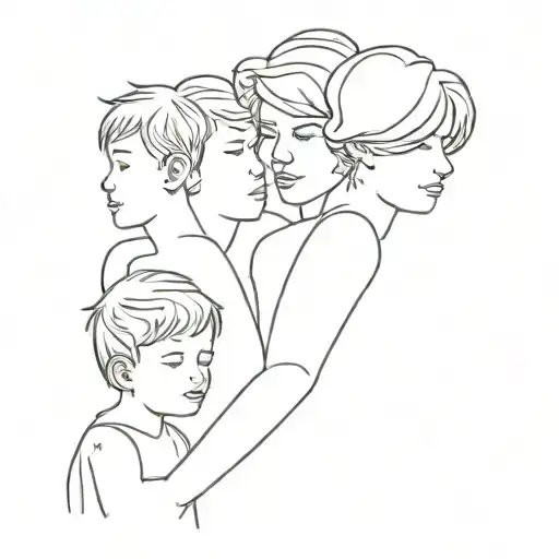 A Group Tattoo Of Three Boys With Their Mom In A Minimalist Style
