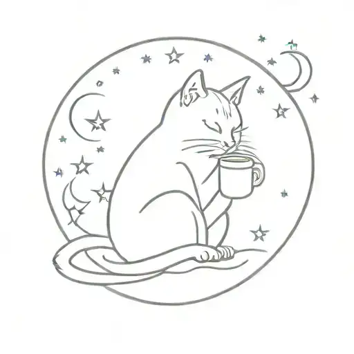 Cat Drinking Coffee Under A Starry Sky