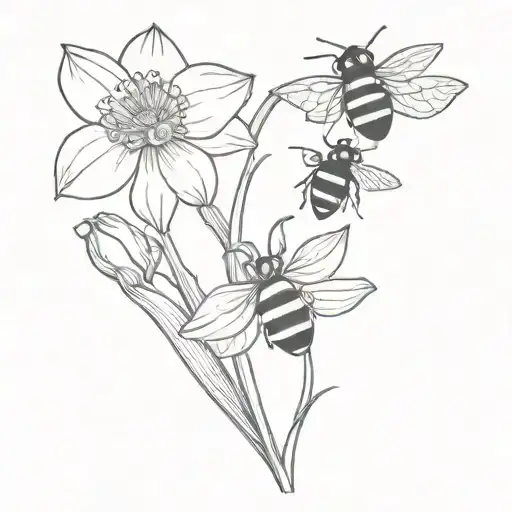 Ladybug On A Daffodil And Bumblebee Flying