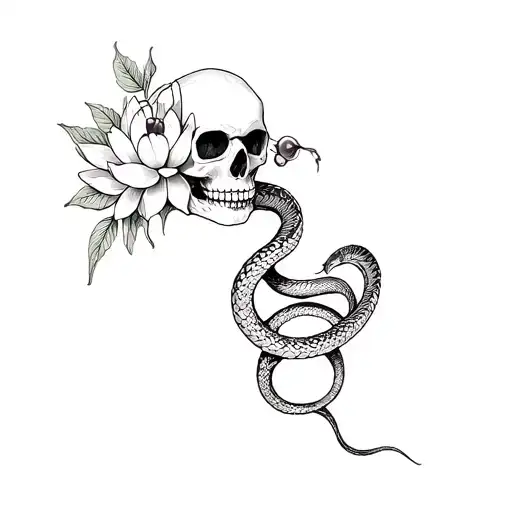 Snake Wrapped Around A Skull With Cherries For Eyes In A Bed Of Flowers And A Black Lotus