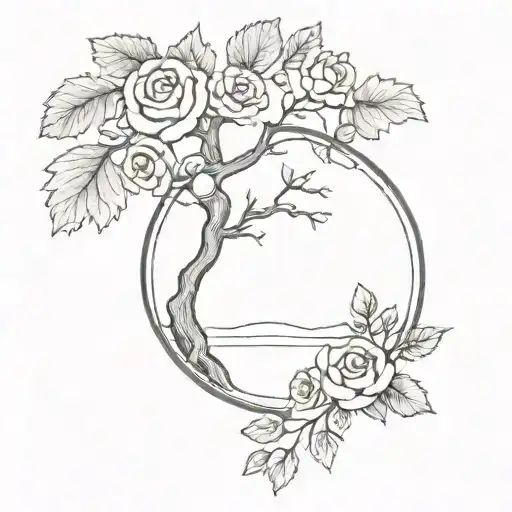 Oak Tree Inside A Circle With Roses