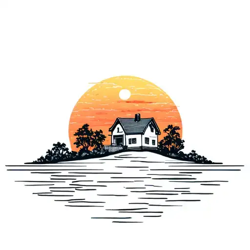 House On An Island In Sunset