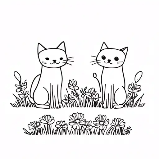Cat And Dog Standing Side By Side On Flowers And Grass