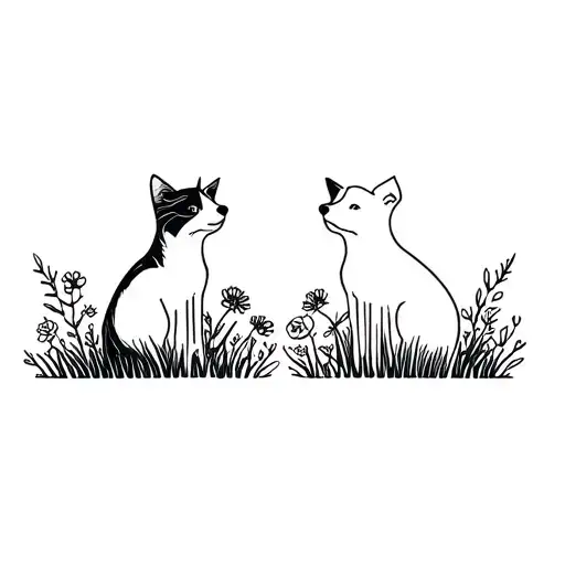 Cat And Dog Standing Side By Side On Flowers And Grass