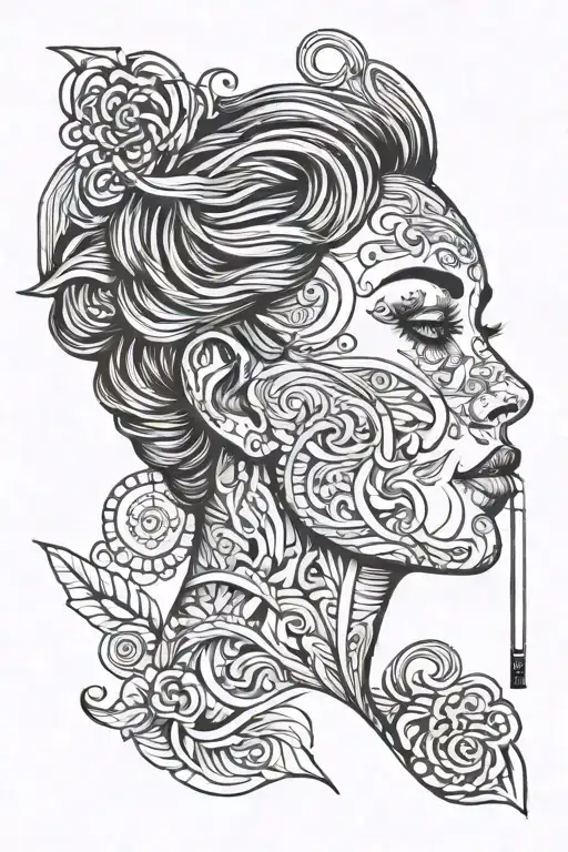 Woman Head With Cigarette In Her Mouth