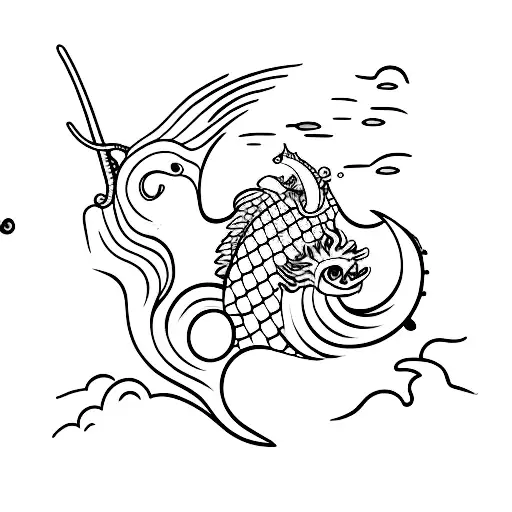 Sea And Drop With A Dragon A Fish And Bull