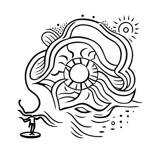 A Minimalist Tattoo Of A Person Walking On A Beach With The Sun And Clouds In The Background