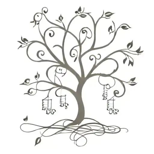 A Minimalist Tattoo Design Of A Family Tree With Musical Notes Intertwined In The Branches