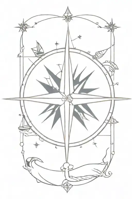 Compass Rose With Anchor And Sailboat Navigating
