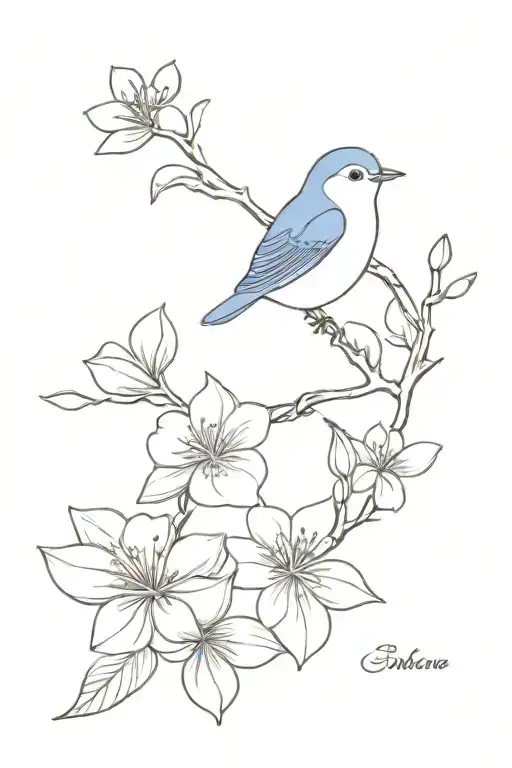 Blue Bird And Lilac Flower