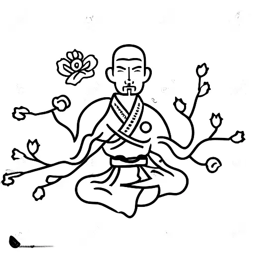 A Minimalist Design Of A Martial Artist Meditating Under A Cherry Blossom Tree